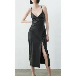 Zara Black Satin Slip Midi Dress with Thigh Slit